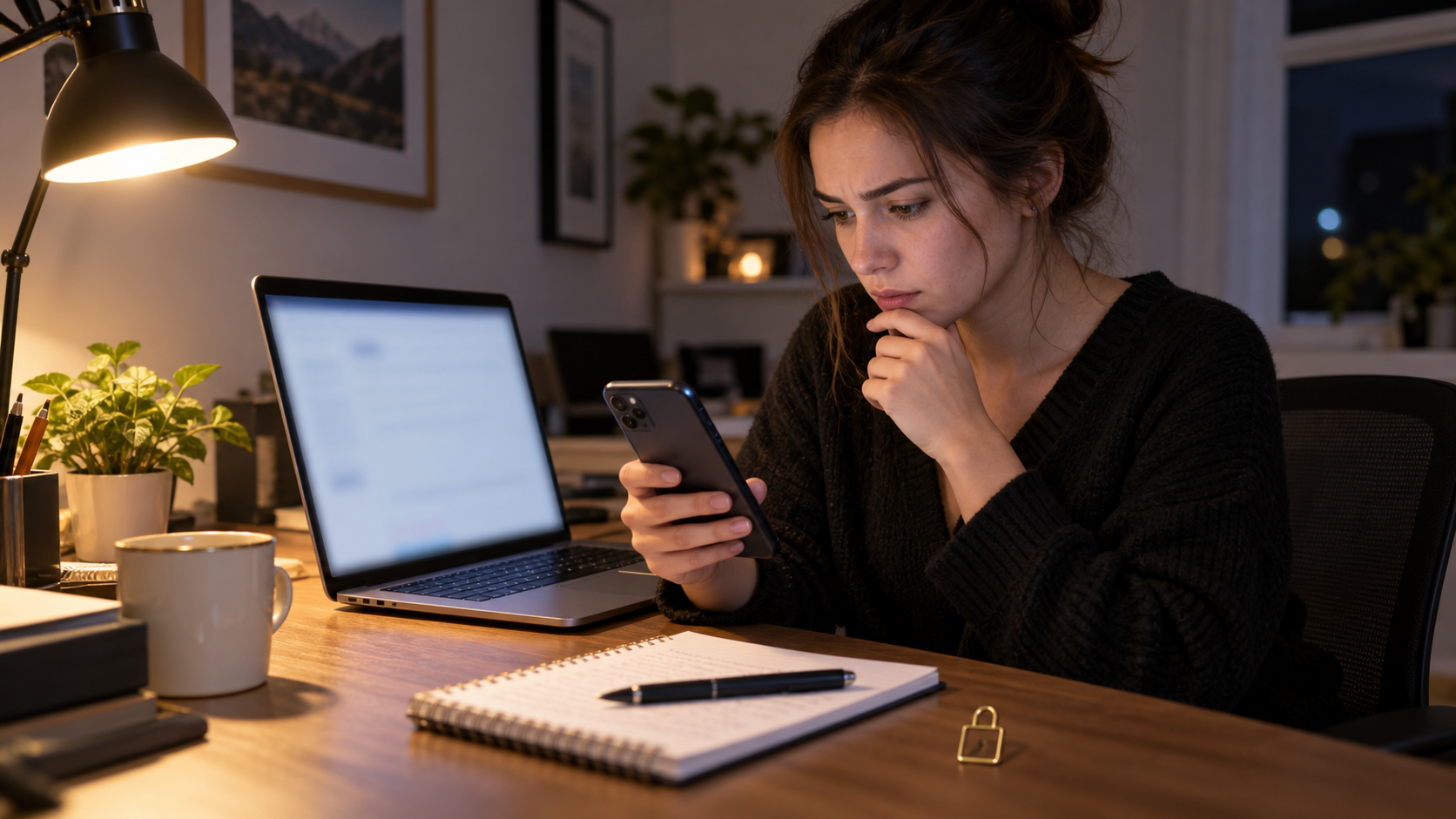 Job seeker at a home-office desk checks a recruiter message on a phone beside an unreadable laptop screen.